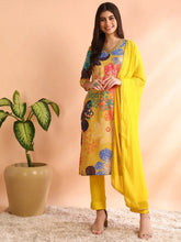 Women Yellow Cotton Blend Floral Printed Straight Kurta Trouser With Dupatta-PKSKD2492